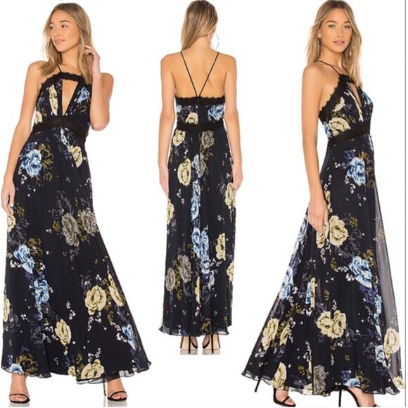 Jill Stuart Margaret Maxi Dress Womens 2 Blue Floral Printed Gown Lace Trim NWT - Picture 1 of 16